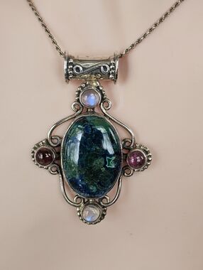 Beautiful Large Eliat Garnet & Moonstone Sterling Silver Pendant & Necklace 24"
